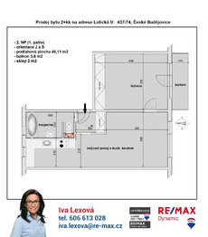 orientační půdorys bytu - Prodej bytu 2+kk v osobním vlastnictví 54 m², České Budějovice