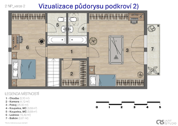 Vizualizace půdorysu podkroví 2) - Prodej domu 131 m², Praha 5 - Řeporyje