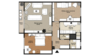 Půdorys 2D - Prodej bytu 3+1 v osobním vlastnictví 86 m², Ostrava