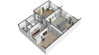 Půdorys 3D - Prodej bytu 3+1 v osobním vlastnictví 86 m², Ostrava