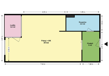 Půdorys - Prodej bytu 1+kk v družstevním vlastnictví 43 m², Pardubice