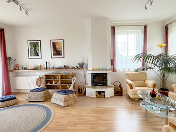 Obývací místnost s krbovými kamny - Pronájem domu 228 m², Šestajovice