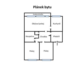 Plánek bytu - Pronájem bytu 3+1 v osobním vlastnictví 100 m², Praha 4 - Podolí