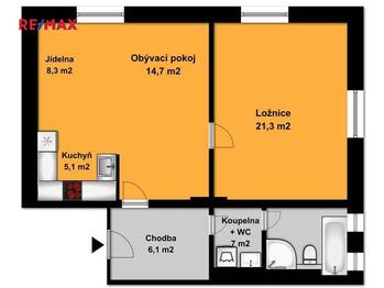 Půdorys bytu  - Pronájem bytu 2+kk v osobním vlastnictví 63 m², Opařany