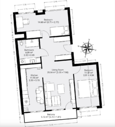 Půdorys - Prodej bytu 3+1 v osobním vlastnictví 76 m², Praha 4 - Chodov