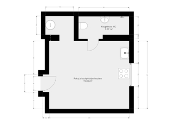 3b. 2D půdorys bytu 1+kk s výměrami - Pronájem bytu 1+kk v osobním vlastnictví 22 m², Praha 9 - Hloubětín