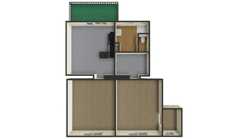 3a. 3D půdorys bytu 3+kk s terasou - Pronájem bytu 3+kk v osobním vlastnictví 77 m², Praha 9 - Hloubětín