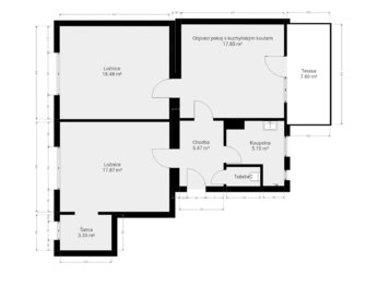 3b. 2D půdorys bytu 3+kk s terasou s výměrami - Pronájem bytu 3+kk v osobním vlastnictví 77 m², Praha 9 - Hloubětín