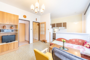 Pohled ke kuchyni z obýváku - Prodej bytu 2+kk v osobním vlastnictví 47 m², Praha 4 - Krč