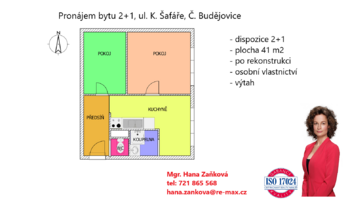 plánek - Pronájem bytu 2+1 v osobním vlastnictví 41 m², České Budějovice