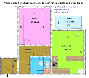 orientační půdorys - Pronájem bytu 2+kk v osobním vlastnictví 48 m², České Budějovice