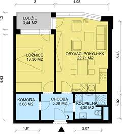 Půdorys.  - Prodej bytu 2+kk v družstevním vlastnictví 53 m², Praha 9 - Letňany