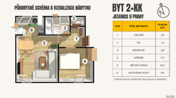 Půdorysný plánek - Pronájem bytu 2+kk v osobním vlastnictví 48 m², Jesenice