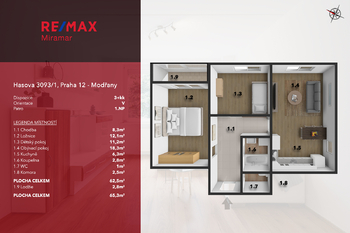 půdorys nemovitosti - Prodej bytu 3+kk v družstevním vlastnictví 65 m², Praha 4 - Modřany