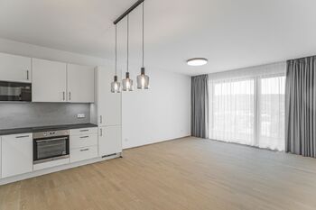 Kuchyně + obývací pokoj. - Pronájem bytu 2+kk v osobním vlastnictví 54 m², Praha 4 - Modřany