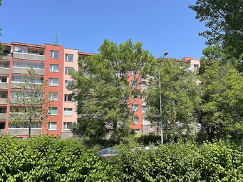 Pohled na dům v zeleni - Prodej bytu 3+1 v družstevním vlastnictví 99 m², Praha 9 - Černý Most