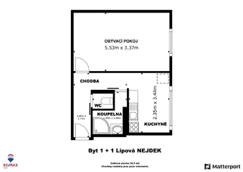 Půdorys - Prodej bytu 1+1 v družstevním vlastnictví 38 m², Nejdek