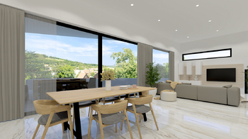 vizualizace interiéru domu s panoramatickým výhledem - Prodej pozemku 1083 m², Sentice