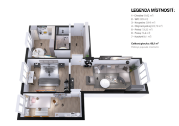 3D půdorys - Prodej bytu 3+1 v družstevním vlastnictví 63 m², Ostrava