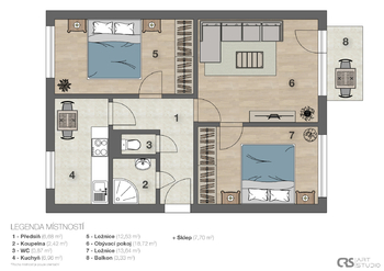 Půdorys nemovitosti - Prodej bytu 3+1 v osobním vlastnictví 72 m², Pardubice