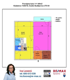 orientační půdorys - Pronájem bytu 1+1 v osobním vlastnictví 49 m², České Budějovice