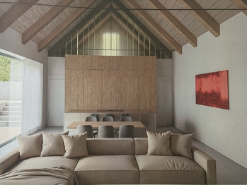 Vizualizace obývacího pokoje v zadní části domu s otevřeným prostorem a portálem do zahrady - Prodej domu 210 m², Bohuslavice u Zlína