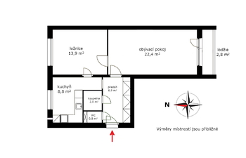 půdorys - Prodej bytu 2+1 v osobním vlastnictví 56 m², Praha 10 - Záběhlice