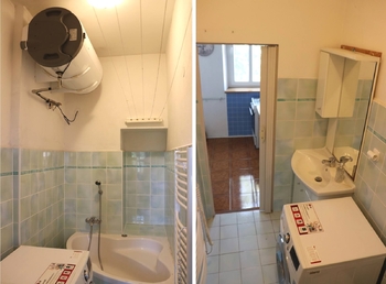 Koupelna je protáhlého tvaru s bojlerem u stropu. - Prodej bytu 3+kk v osobním vlastnictví 82 m², Plzeň
