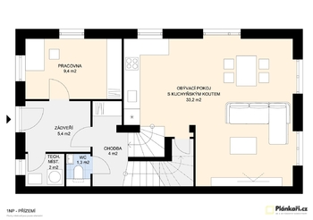 Půdorys denní části domu - Pronájem domu 124 m², Nelahozeves