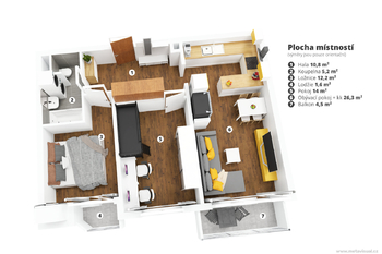 3D model bytu - Pronájem bytu 3+kk v osobním vlastnictví 75 m², Praha 9 - Čakovice