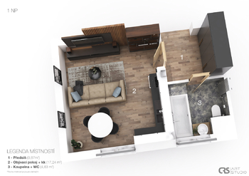 3D - půdorys - přízemí - Prodej bytu 3+kk v osobním vlastnictví 81 m², Chvaletice