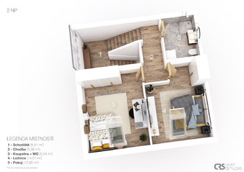 3D - půdorys - mezonet  - Prodej bytu 3+kk v osobním vlastnictví 81 m², Chvaletice