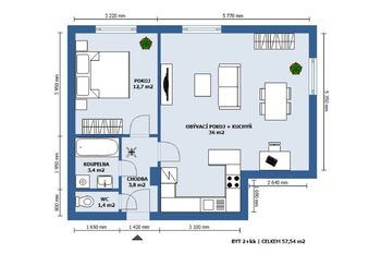 půdorys - Pronájem bytu 2+kk v osobním vlastnictví 60 m², Milovice