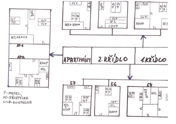 nákres rozložení pokojů v penzionu - Prodej ubytovacího zařízení 1364 m², Kunžak