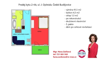 plánek - Prodej bytu 2+kk v družstevním vlastnictví 42 m², České Budějovice