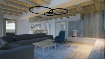 detail obývacího pokoje s krbem - Prodej domu 223 m², Hraběšice