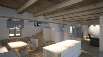 detail jídelny a kuchyňského ostrůvku - Prodej domu 223 m², Hraběšice