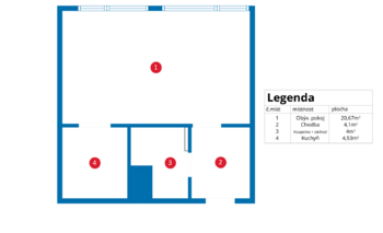 půdorys bytu - Prodej bytu 1+kk v družstevním vlastnictví 33 m², Kladno