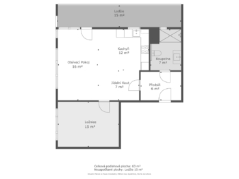 půdorys - Pronájem bytu 2+kk v osobním vlastnictví 65 m², Praha 5 - Košíře
