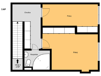 Plánek 3. NP  - Prodej bytu 3+1 v osobním vlastnictví 101 m², Praha 5 - Smíchov