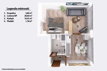 Půdorys s výměrami. - Pronájem bytu 1+1 v osobním vlastnictví 38 m², Jindřichův Hradec