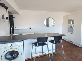 Obývací pokoj kuchyňským koutem a ložnicí. - Pronájem bytu 1+kk v osobním vlastnictví 35 m², Praha 8 - Karlín