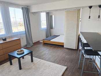 Obývací pokoj kuchyňským koutem a ložnicí. - Pronájem bytu 1+kk v osobním vlastnictví 35 m², Praha 8 - Karlín