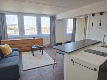 Obývací pokoj kuchyňským koutem a ložnicí. - Pronájem bytu 1+kk v osobním vlastnictví 35 m², Praha 8 - Karlín