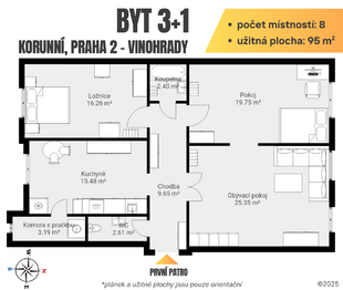 Půdorysný plánek - Pronájem bytu 3+1 v osobním vlastnictví 95 m², Praha 2 - Vinohrady