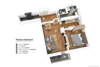 3D MODEL BYTU - Pronájem bytu 2+1 v osobním vlastnictví 58 m², Praha 10 - Strašnice