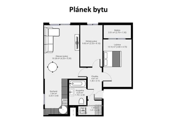 Plánek bytu - Prodej bytu 3+1 v osobním vlastnictví 63 m², Praha 9 - Újezd nad Lesy