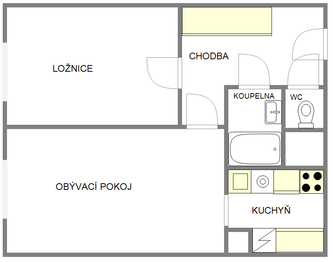 Orientační půdorys bytu - Pronájem bytu 2+kk v osobním vlastnictví 43 m², Praha 10 - Horní Měcholupy