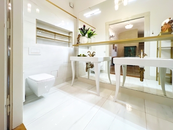 Luxusní koupelna s průchozím sprchových koutem a další samostatné WC - Prodej bytu 3+kk v osobním vlastnictví 125 m², Praha 5 - Smíchov