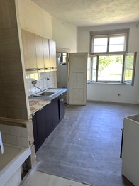 Volný byt v přízemí - pohled na kuchyňskou linku a sprchový kout - Prodej nájemního domu 1096 m², Ústí nad Labem